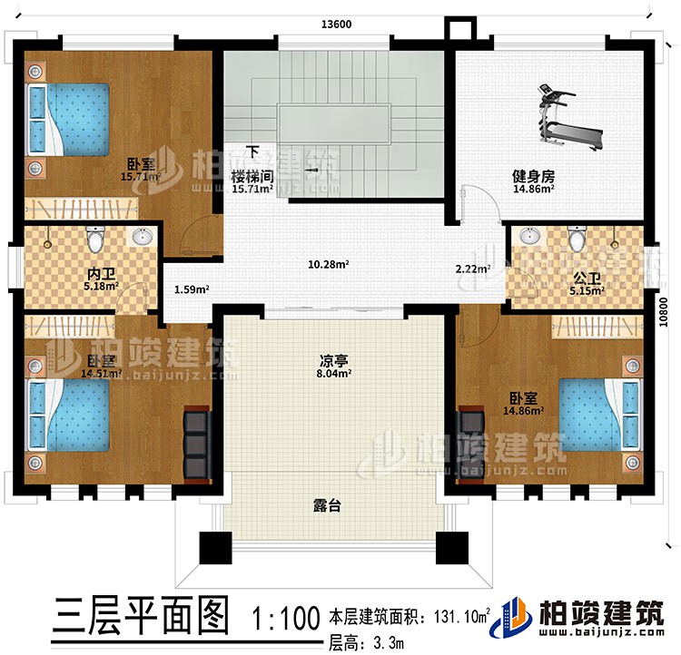 三层：楼梯间、健身房、3卧室、公卫、内卫、凉亭、露台