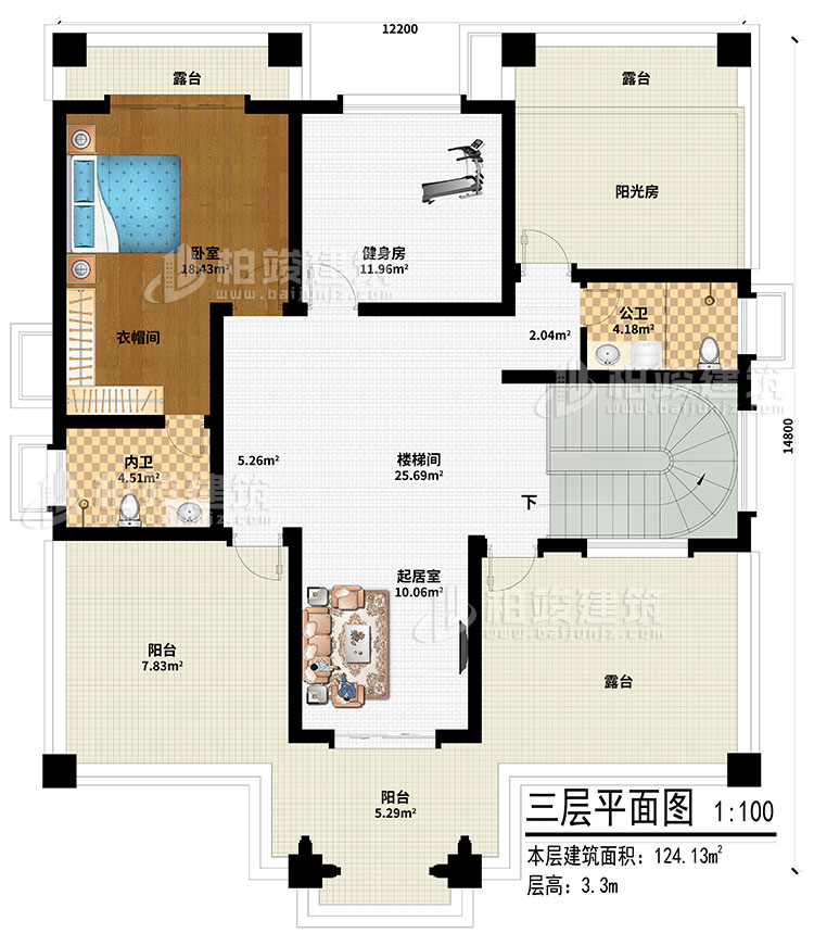 三层：起居室、楼梯间、健身房、阳光房、卧室、衣帽间、内卫、公卫、2阳台、3露台